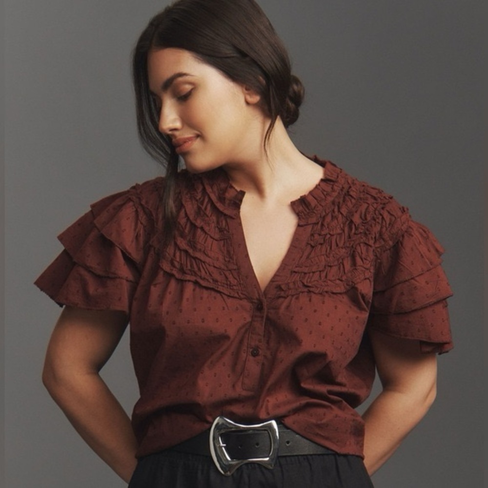 Anthropologie Burgundy Ruffle Layered Sleeve Henley Top Size L NWT